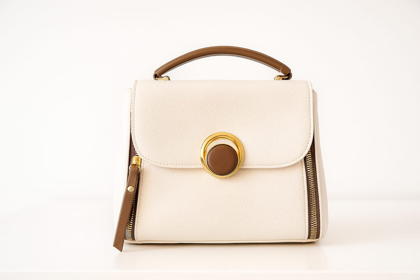 Elegant Circle Clasp Vegan Leather Handbag – Convertible Top Handle & Crossbody (Multiple Colors)